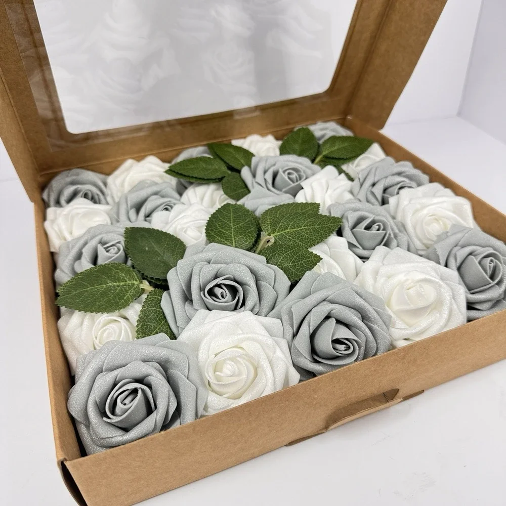 Ling's‎ Moment White & Silver Gray Rose Artificial Flowers 25pcs Foam Stems 3